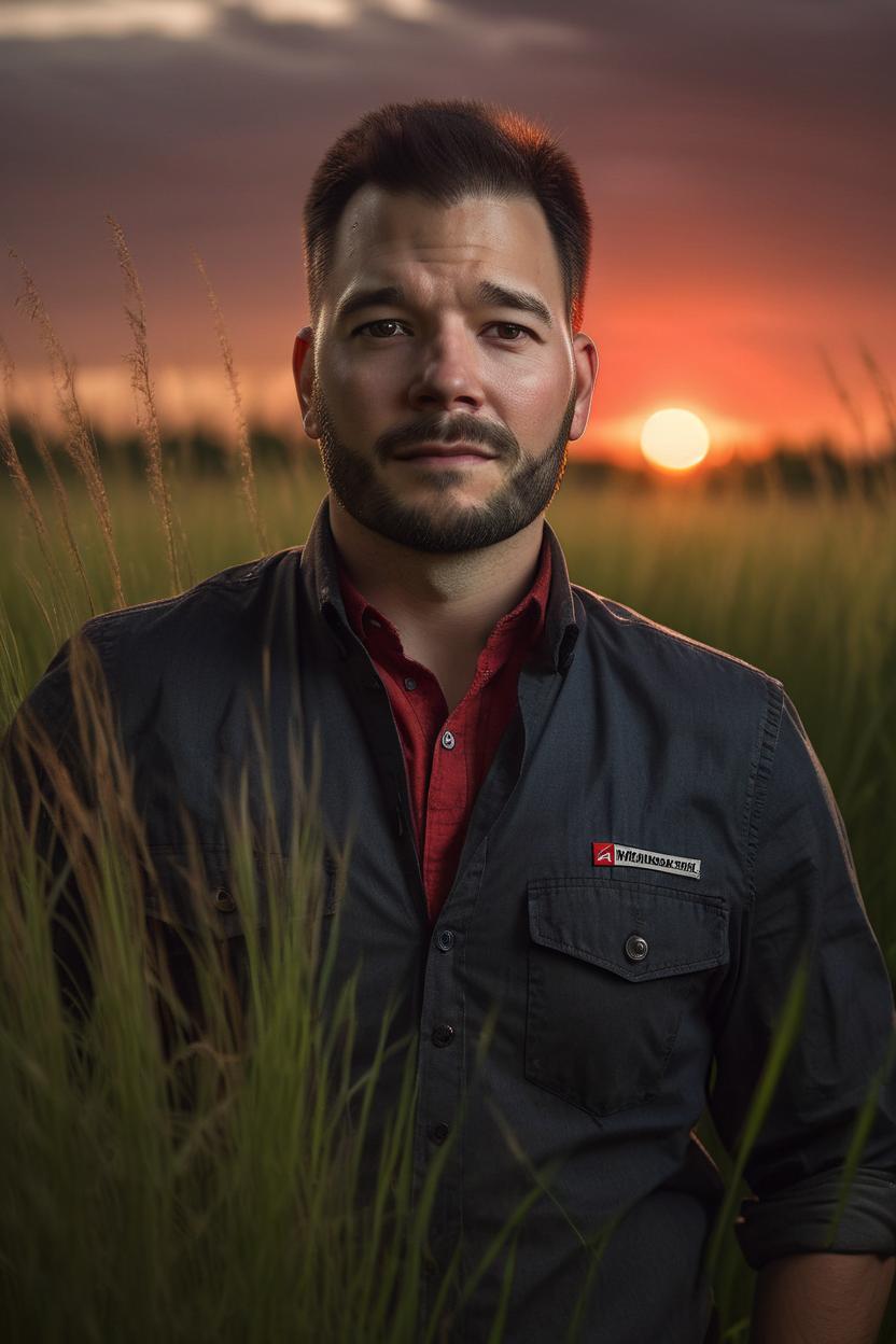 Artificial Intelligence (AI) generated image art, ..., portrait, wide shot, in tall grass, Shot on Hasselblad H6D-400c lens, ultra high definition, ultra-realism, ultra realistic, handsome, red sunset