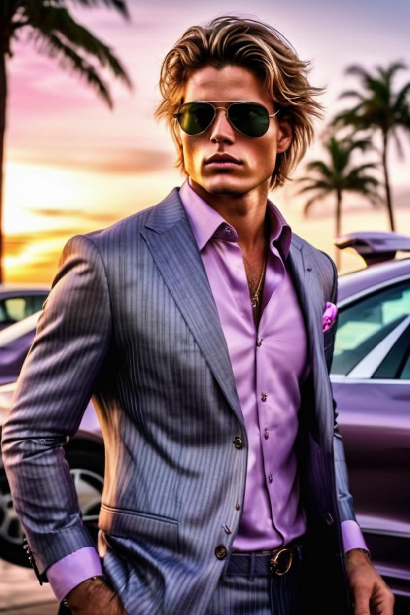 Artificial Intelligence (AI) generated image art, ..., in expensive tailored bespoke gray pinstriped suit, unbuttoned, over printed mauve dress shirt, lifting up aviator sunglasses from face, dazzling colorful sunset, palm trees, getting out of silver porsche at airport arrivals terminal, tropical, digital art