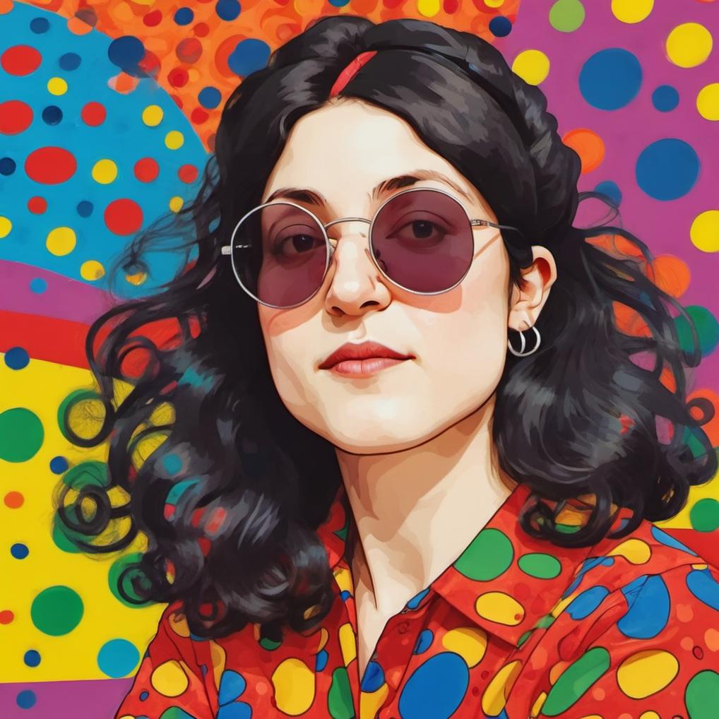 Artificial Intelligence (AI) generated image art, ..., illustration  by Yayoi Kusama, vibrant colors, aesthetic, portrait, abstract background, wearing sunglasses, long hair, artwork