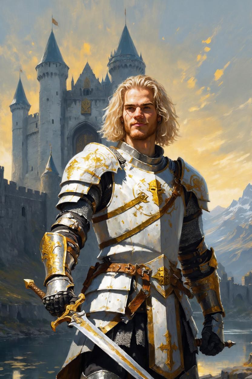 Artificial Intelligence (AI) generated image art, ..., art by Greg Rutkowski, fantasy knight, holding his sword up, dnd, in white armor with golden symbols, white hair, castle in background, art by Greg Rutkowski, masterpiece painting