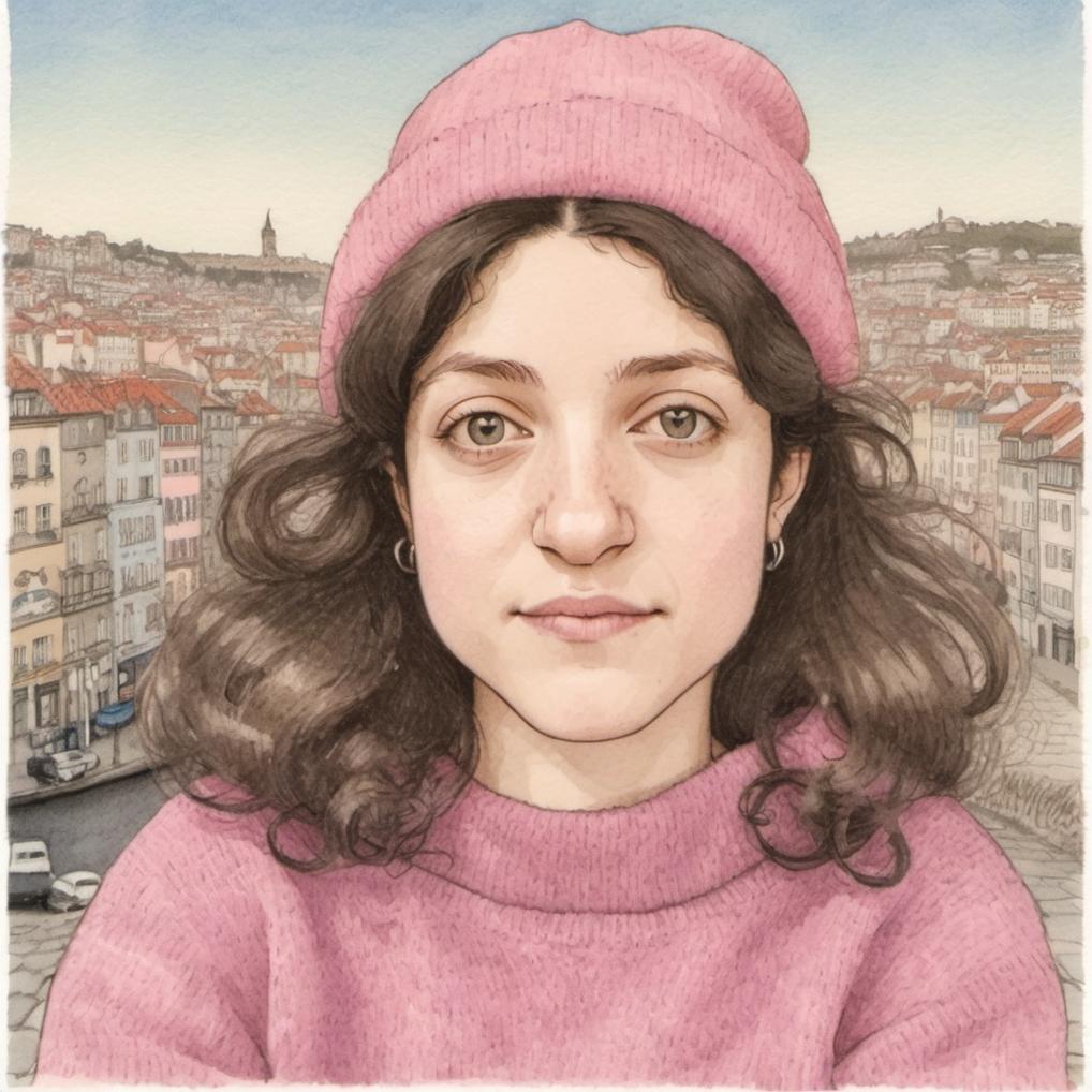 Artificial Intelligence (AI) generated image art, ..., illustration by Maurice Sendak  , postcard, winter, artistic,  lens flair, soft light, romantic, Porto, wearing a pink sweater, long hair, very detailed, naive artwork