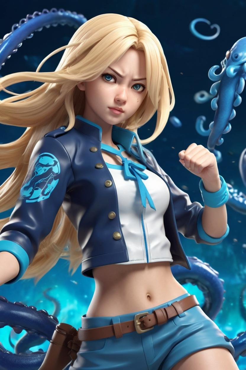 Artificial Intelligence (AI) generated image art, ... as beautiful anime girl, blonde medium long hair, 3d illustration, fighting scene, ((full body)), blue tentacles background, highly detailed