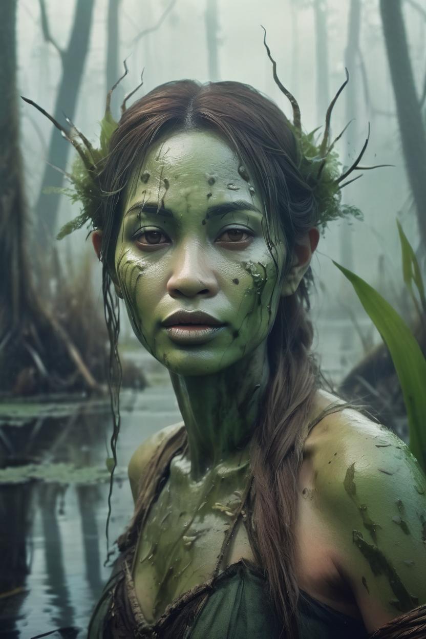 Artificial Intelligence (AI) generated image art, ... as a swamp goddess, ethereal looks, foggy swamp, concept art, photorealistic smooth