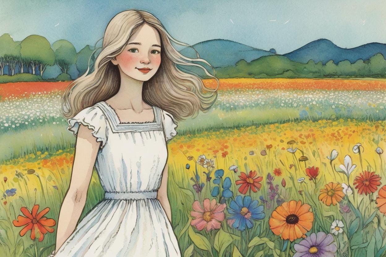 Artificial Intelligence (AI) generated image art, ..., illustration by Maurice Sendak , postcard, spring, flower field, vibrant colors, wearing a white dress, medium long hair, very detailed, naive artwork,