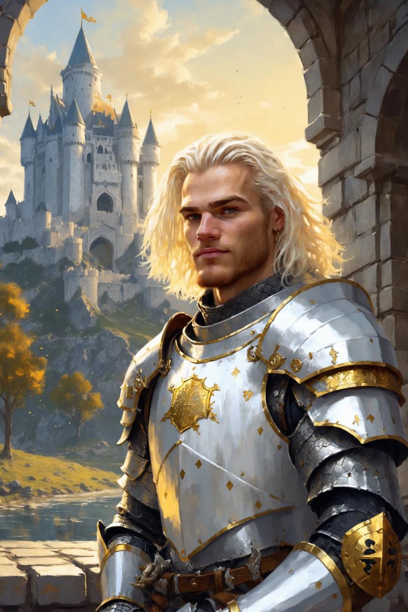 Artificial Intelligence (AI) generated image art, ..., art by Greg Rutkowski, fantasy knight, dnd, in white armor with golden symbols, white hair, castle in background, art by Greg Rutkowski