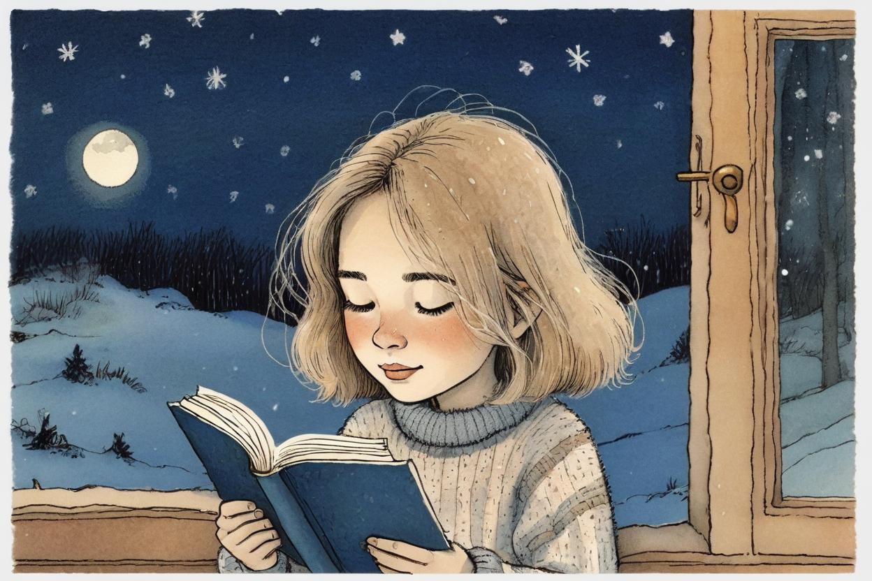 Artificial Intelligence (AI) generated image art, ..., illustration by Maurice Sendak , reading a book, postcard, 8mm, artistic, winter, snowy stary night, moonlight, soft light, wearing sweater, medium long hair, tan skin, very detailed, naive artwork