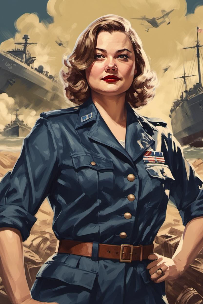 Artificial Intelligence (AI) generated image art, ..., (portrait), ((((full body)))), 1940s WAC, navy, adventure, pulp novel, WWII propaganda, art by Greg Rutkowsi, highly detailed, sharp focus, 4k, fight scene with mummies