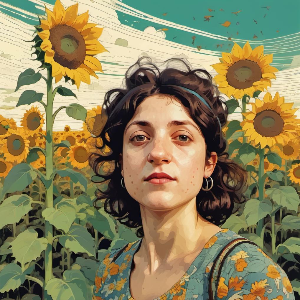 Artificial Intelligence (AI) generated image art, ..., ( ( dither ) ), editorial illustration young woman in a field of sunflowers, modern art deco, colorful, ( ( mads berg ) ), christopher balaskas, victo ngai, rich grainy texture, detailed, dynamic composition, wide angle, moebius, matte print
