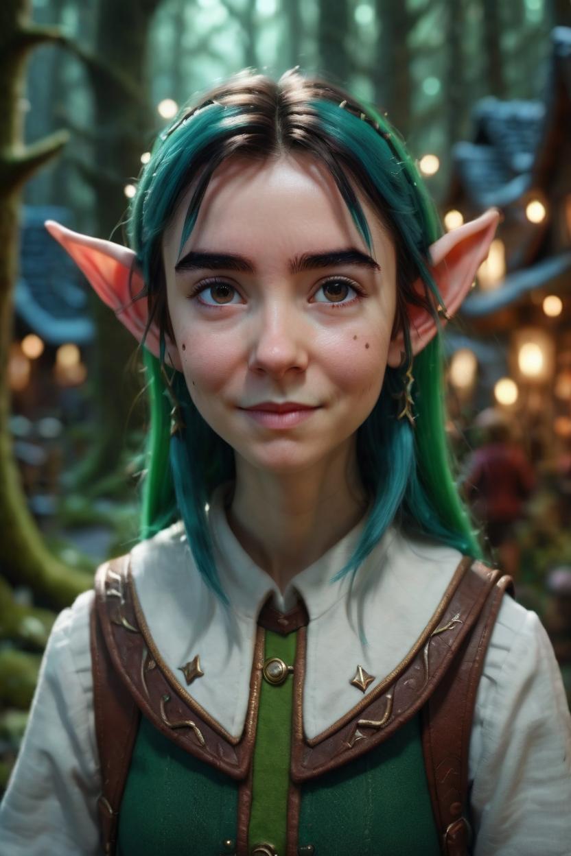 Artificial Intelligence (AI) generated image art, ..., An epic fantasy comic book style portrait painting of an extremely cute and adorable very beautiful elf, pointy elf ears, character design by Mark Ryden and Pixar and Hayao Miyazaki, unreal 5, DAZ, hyperrealistic, octane render, cosplay, RPG portrait, dynamic lighting, intricate detail, in a magic forest village,, cinematic