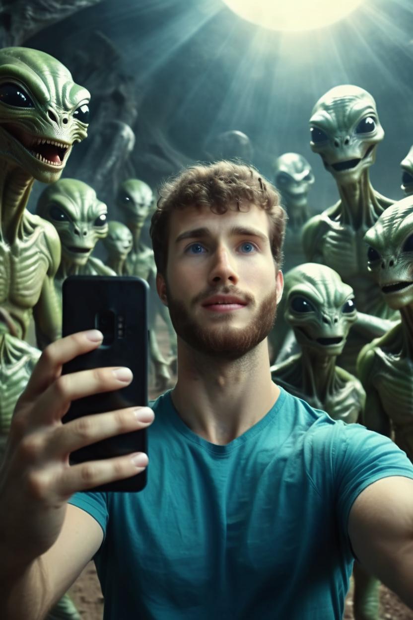 Artificial Intelligence (AI) generated image art, beautiful ..., taking a selfie with aliens, looking at the camera, natural lighting, hyperrealistic, wide angle, cinematic