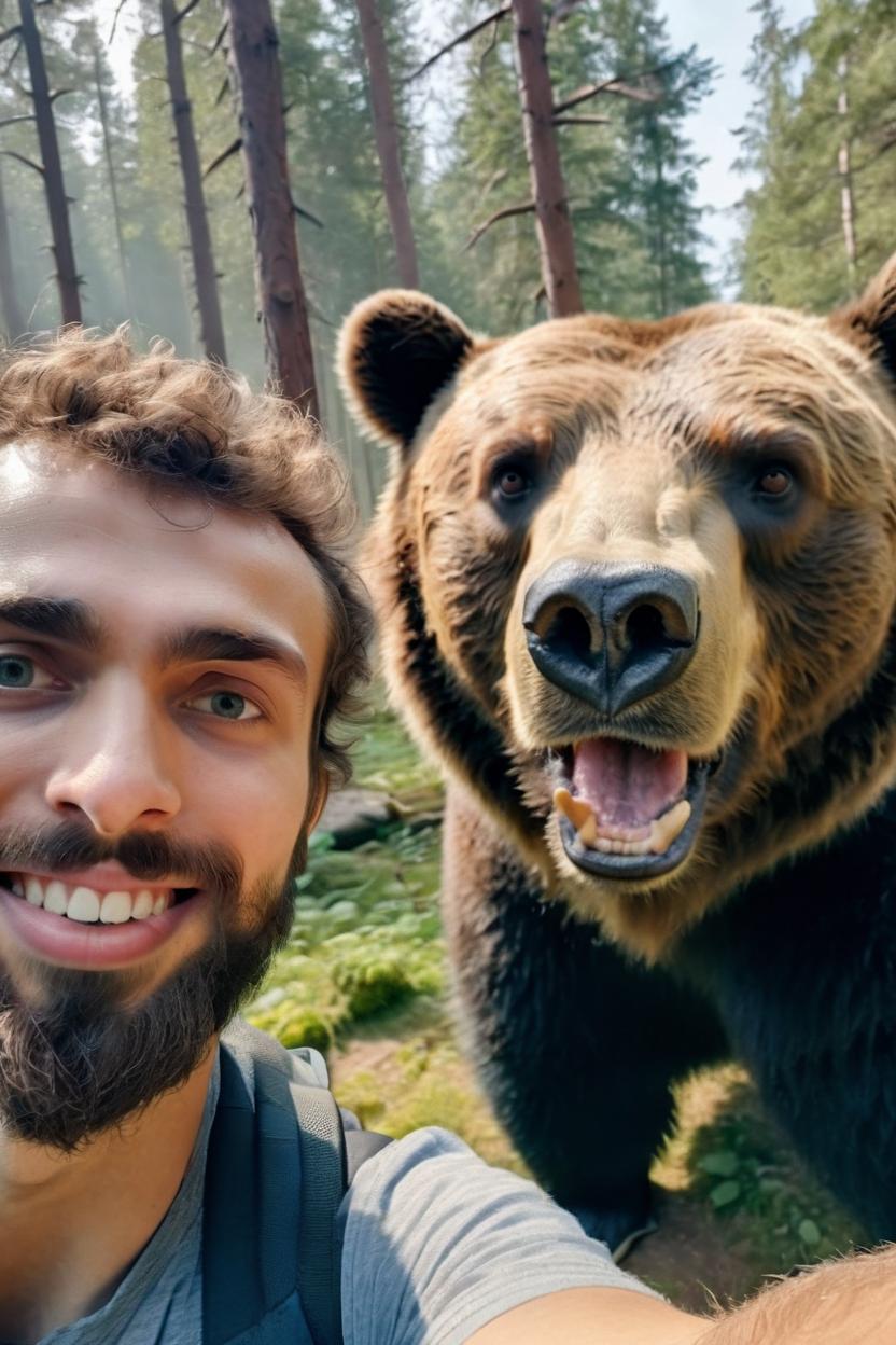 Artificial Intelligence (AI) generated image art, beautiful ..., taking a selfie with a bear, looking at the camera, friendly expression, natural lighting, hyperrealistic, wide angle, cinematic