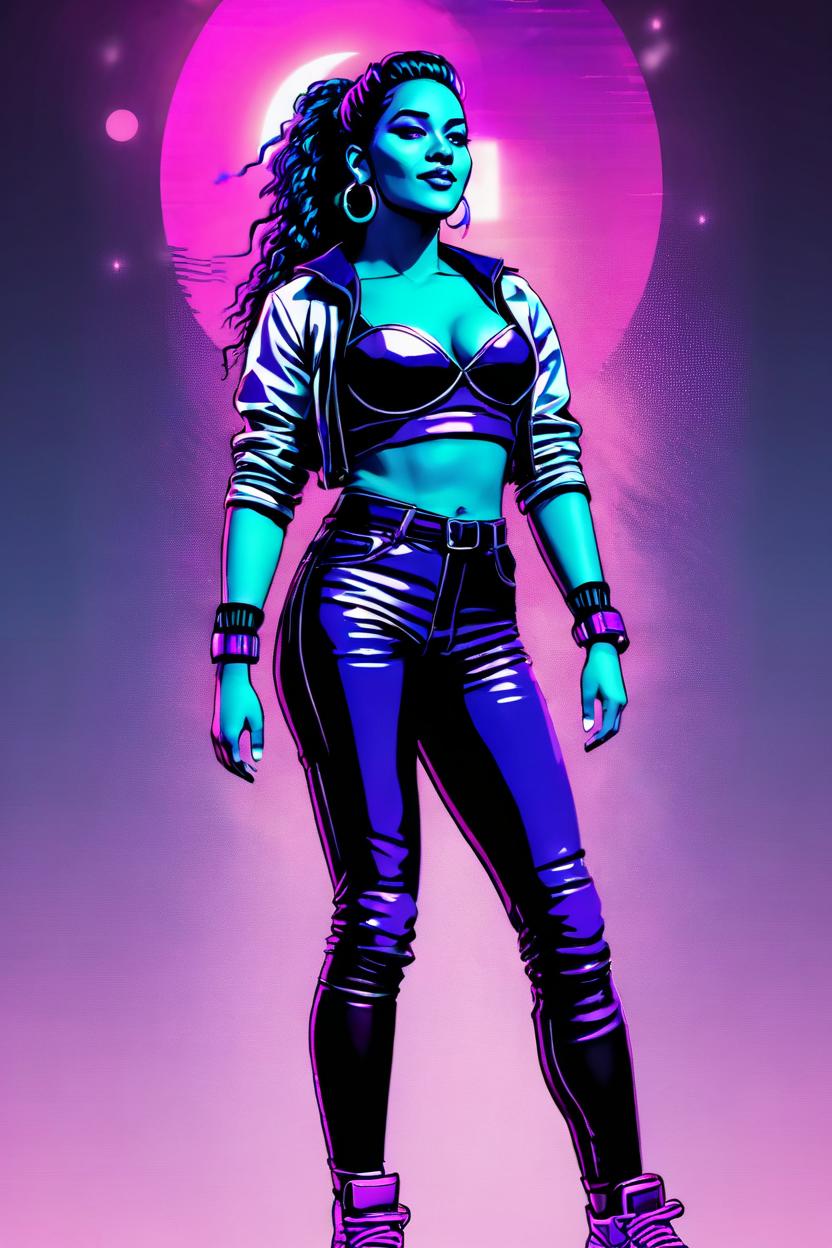 Artificial Intelligence (AI) generated image art, Synthwave style, nvinkpunk fullbody representation of woman ..., free space above the head, shaded flat illustration, blurred background