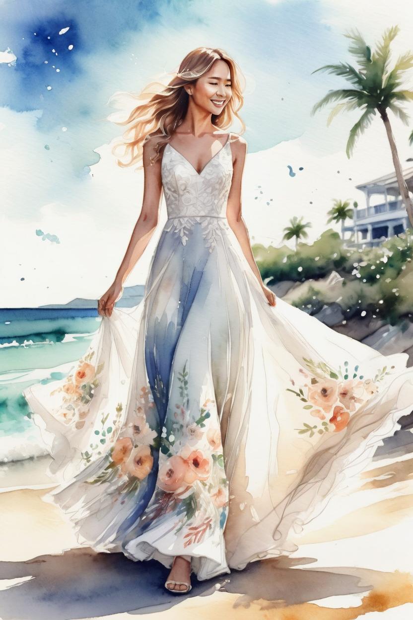 Artificial Intelligence (AI) generated image art, ... as beautiful bride, beachfront wedding, outdoor, ultra detailed illustration, watercolor, light flowy wedding dress, on the beach, motion photography