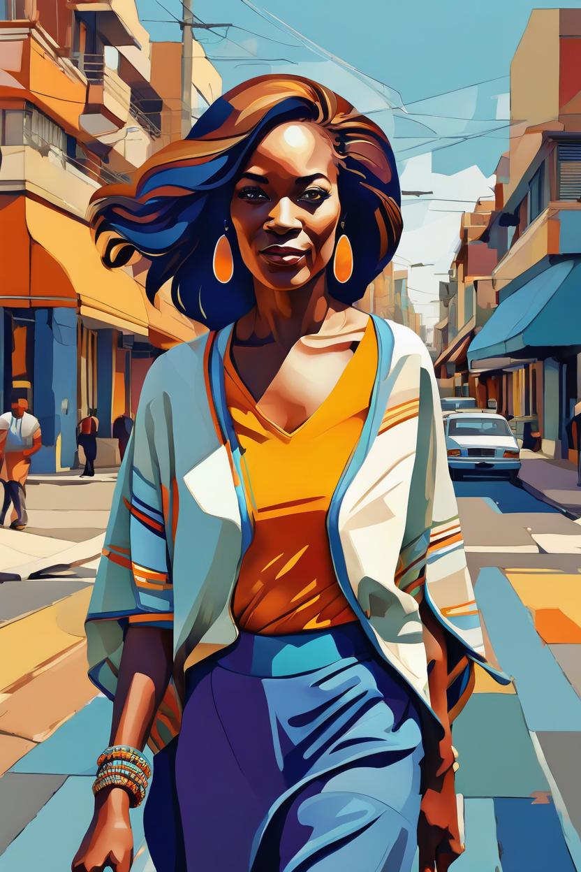 Artificial Intelligence (AI) generated image art, (...) portrait, editorial illustration young beautiful woman walking in the street, modern art deco, colorful, christopher balaskas, victor ngai, rich grainy texture, detailed, dynamic composition, wide angle, moebius, matte print\\\\\\\\\\\\\\\\\\\\\\\\\\\\\\\"