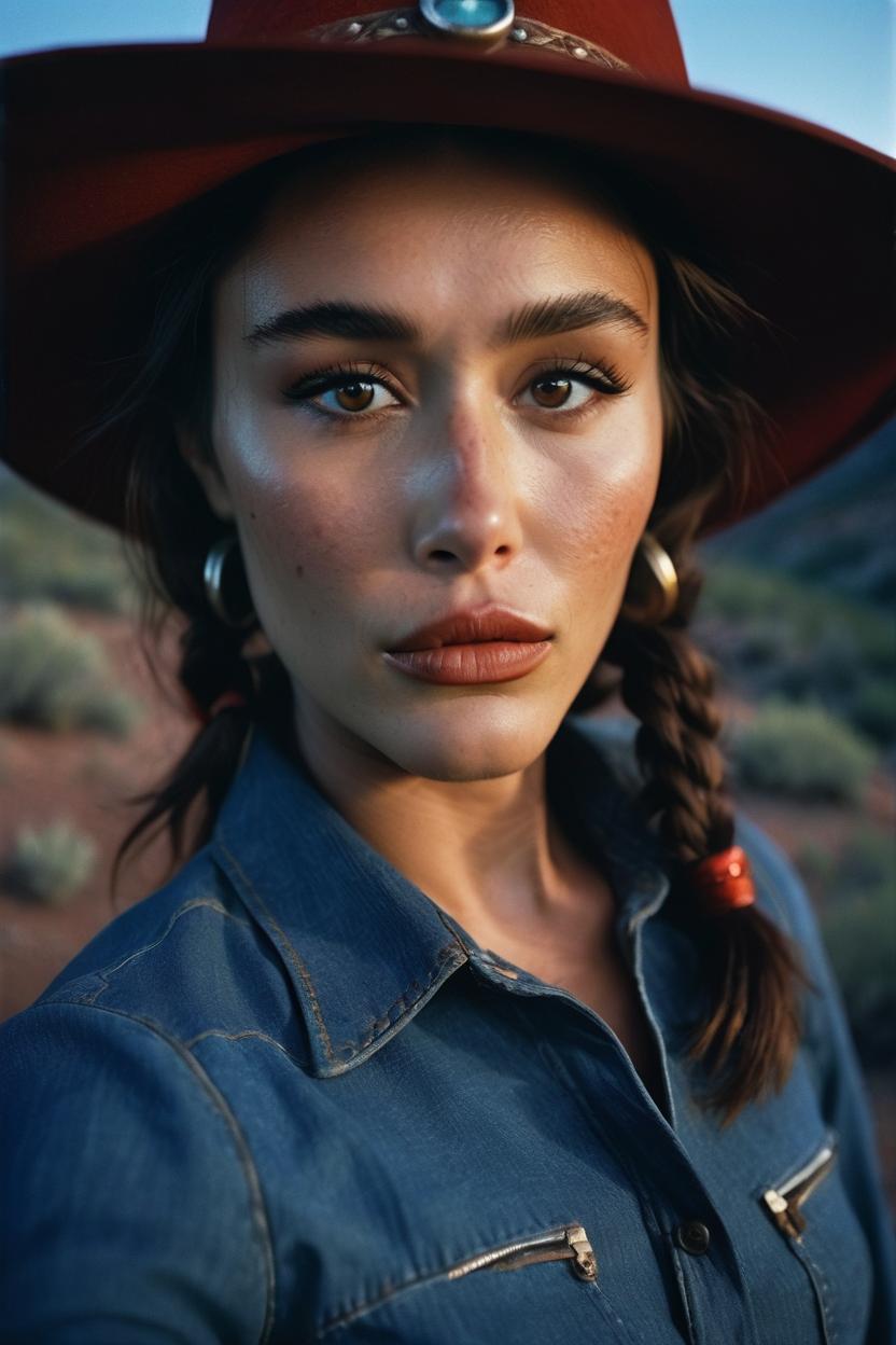 Artificial Intelligence (AI) generated image art, ..., ... as cowboy, woman, wearing a hat, cinematic, blue hour, in wild west mountains, Kodak Portra 800 film SMC Takumar 35mm f/ 2. 8 c 50, detailed face, red hai, brown eyes.
