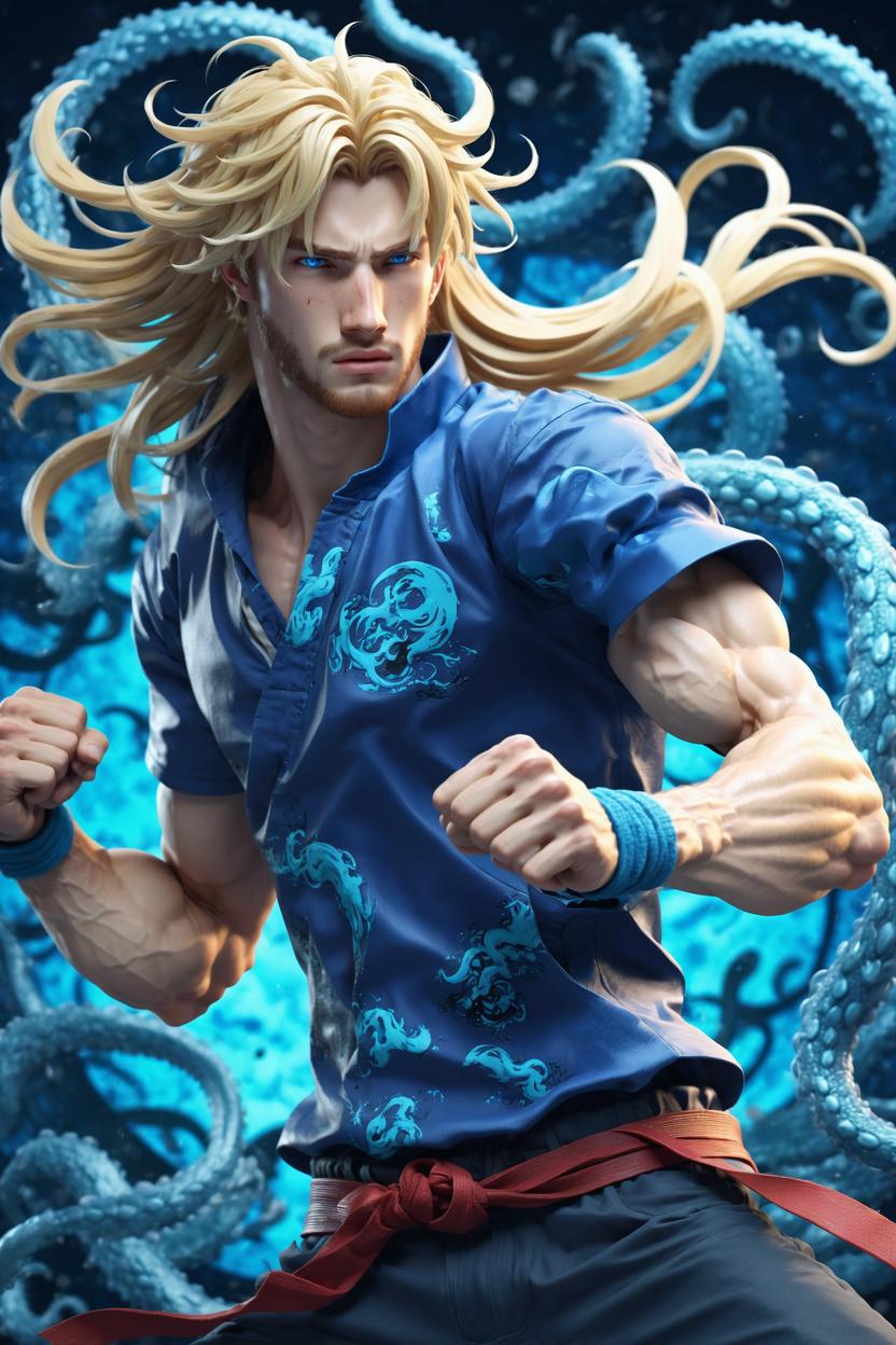 Artificial Intelligence (AI) generated image art, ... as beautiful anime guy, blonde medium long hair, 3d illustration, fighting scene, ((full body)), blue tentacles background, highly detailed