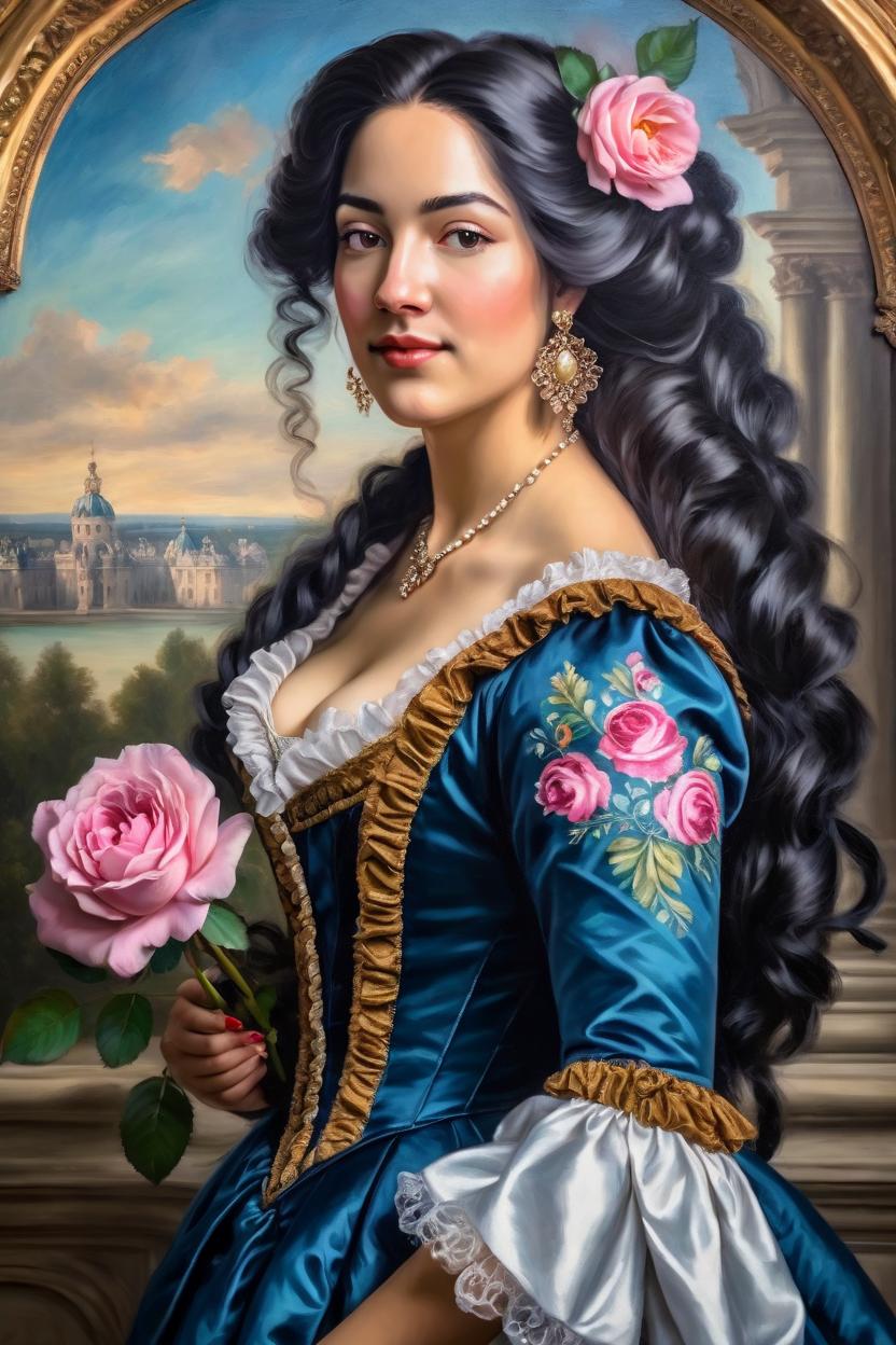 Artificial Intelligence (AI) generated image art, Beautiful woman ..., baroque style portrait, oil painting, romantic wearing Versailles style clothing and hair, featuring a rose