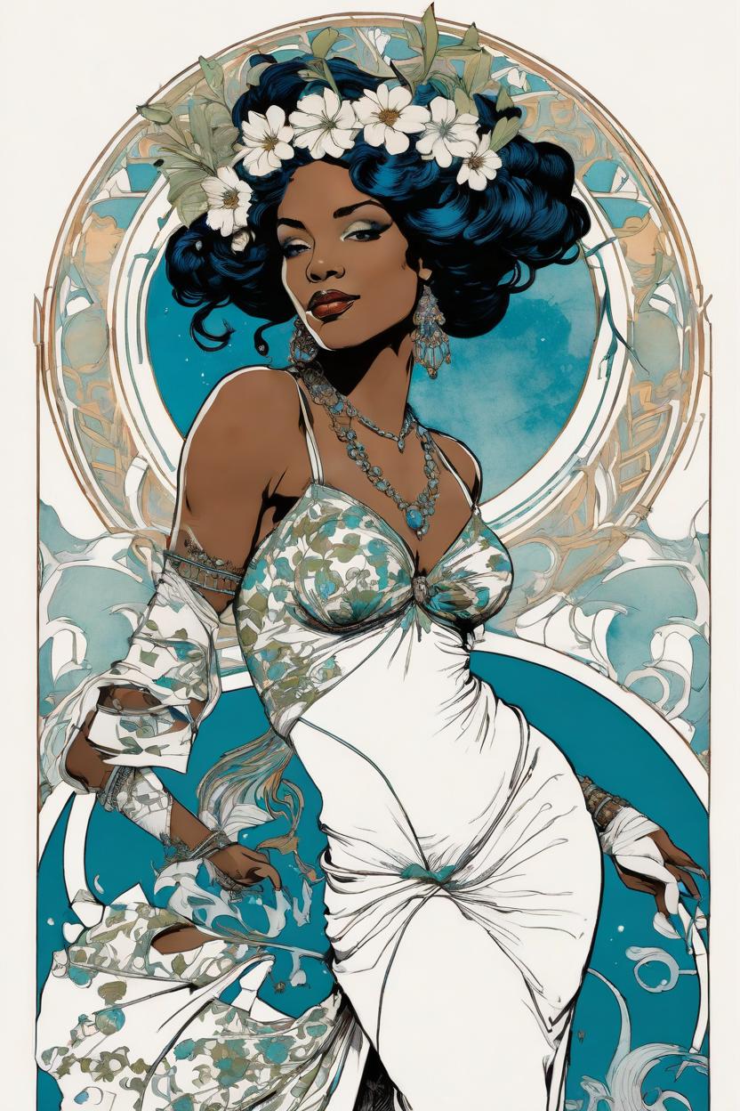 Artificial Intelligence (AI) generated image art, handsome fullbody illustration of beautiful art nouveau goddess ..., (coloured ink drawing), leave space above head, ((art by aubrey beardsley)), art by yoji shinkawa