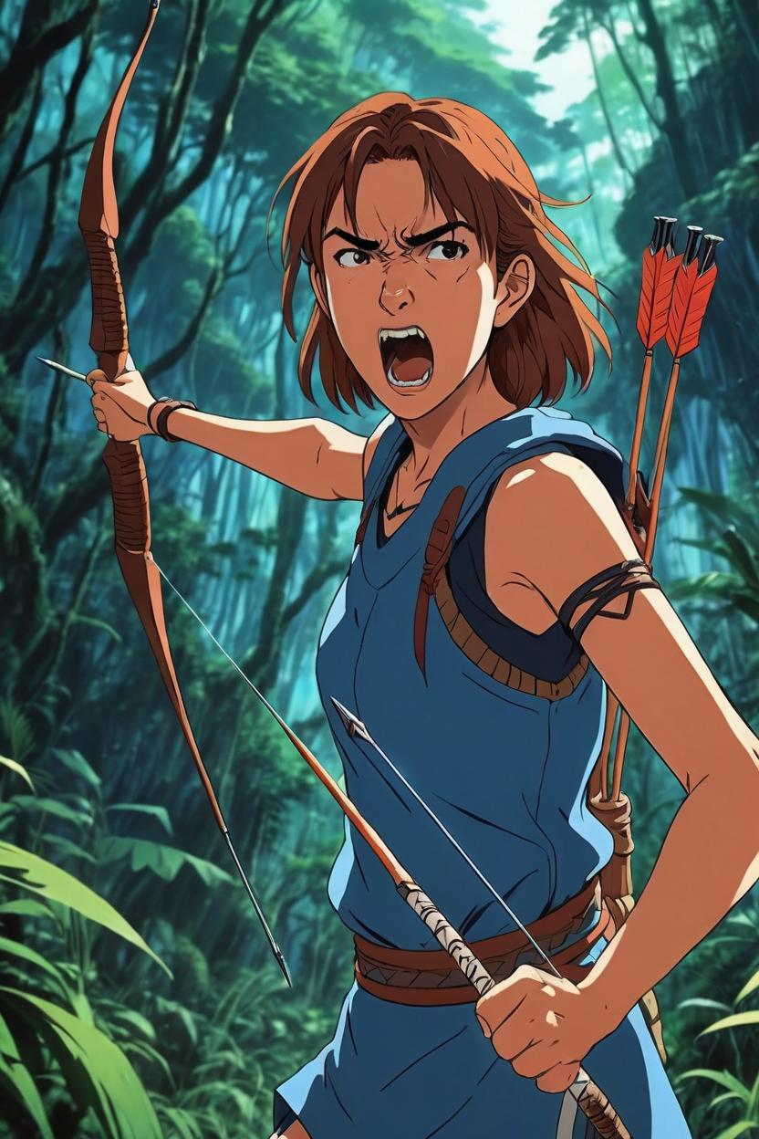 Artificial Intelligence (AI) generated image art, ..., as a tribal anime girl shooting an arrow, angry screaming girl in the jungle, anime style, illustration, anime girl from Nausicaä Of The Valley Of The Wind, art by makoto shinkai