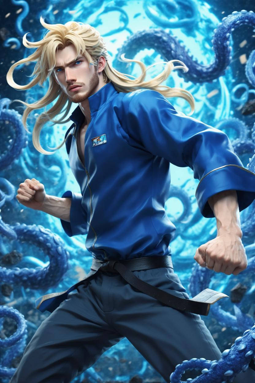 Artificial Intelligence (AI) generated image art, ... as beautiful anime guy, blonde medium long hair, 3d illustration, fighting scene, ((full body)), blue tentacles background, highly detailed