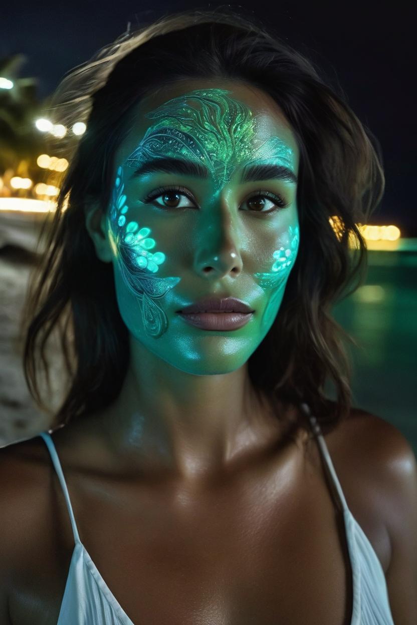 Artificial Intelligence (AI) generated image art, ...,   ((Vaadhoo beach)), glowing Phytoplankton bioluminescence, at night, soft feminine face, 8k, ((photography by James Macari))