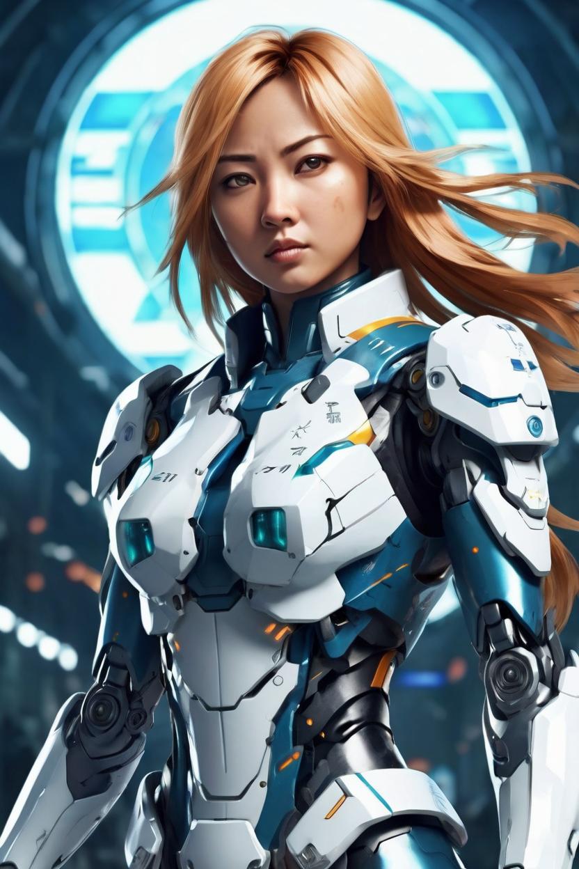 Artificial Intelligence (AI) generated image art, ... as a beautiful freedom fighter, anime style, fighting, futuristic, robotic, ultra detailed, ((full body))