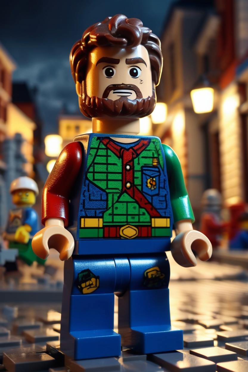 Artificial Intelligence (AI) generated image art, (((...))), as a Lego figurine, hyper realistic, 8k, Lego city in the background, Bricksburg, dramatic lighting, vignette