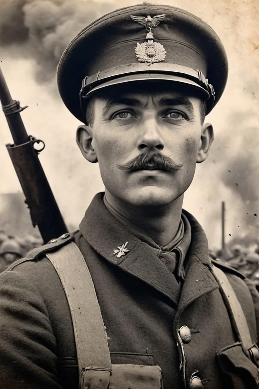 Artificial Intelligence (AI) generated image art, photo of beautiful ..., b&w, 1900 photograph, vintage, portrait, photorealistic, asvperiod world war one british soldier, world war one battle explosions in background, art by artgerm, contrast