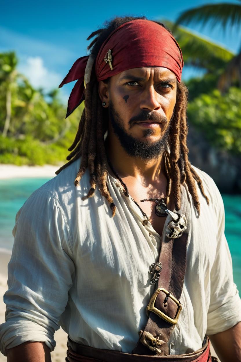 Artificial Intelligence (AI) generated image art, ..., portrait as a pirate, mid shot side angle, looking at camera, on a tropical island, cinematic lighting, epic, adventure, style of Pirates of the Caribbean