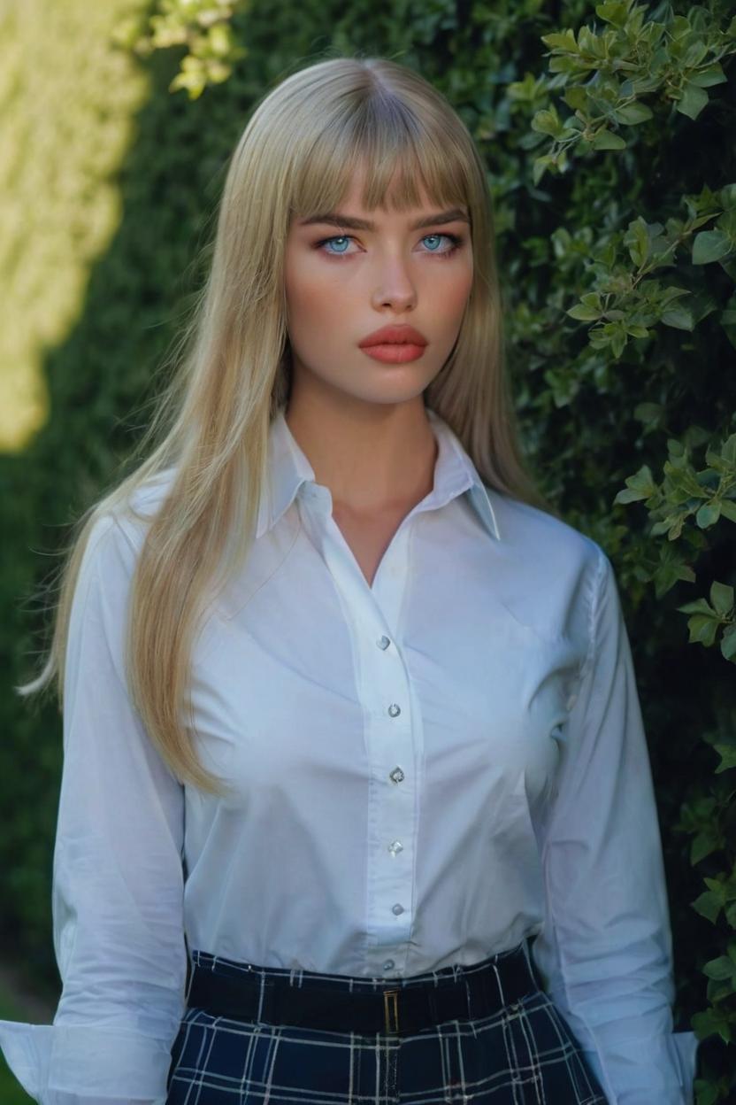 Artificial Intelligence (AI) generated image art, ..., ..., striking blue eyes and full lips, long blonde hair styled away from her face, standing in a formal garden with hedges in the background. She is wearing a classic white button-down shirt, with the sunlight softly highlighting her features, giving her a serene yet confident look.  by gaston bussiere, bayard wu, greg rutkowski, giger, maxim verehin