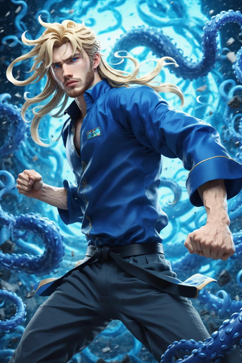 Artificial Intelligence (AI) generated image art, ... as beautiful anime guy, blonde medium long hair, 3d illustration, fighting scene, ((full body)), blue tentacles background, highly detailed