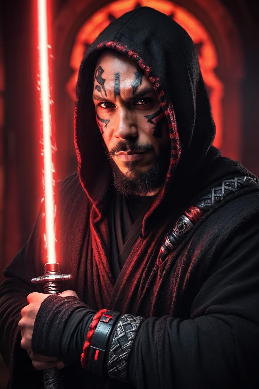 Artificial Intelligence (AI) generated image art, ..., portrait as a Sith Lord, mid shot side angle, hooded, moody, braided beard, tribal face tattoos, demonic glowing eyes, looking at camera, large fiery red light saber like Kylo Ren, in Sith temple, dark, sinister, cinematic lighting