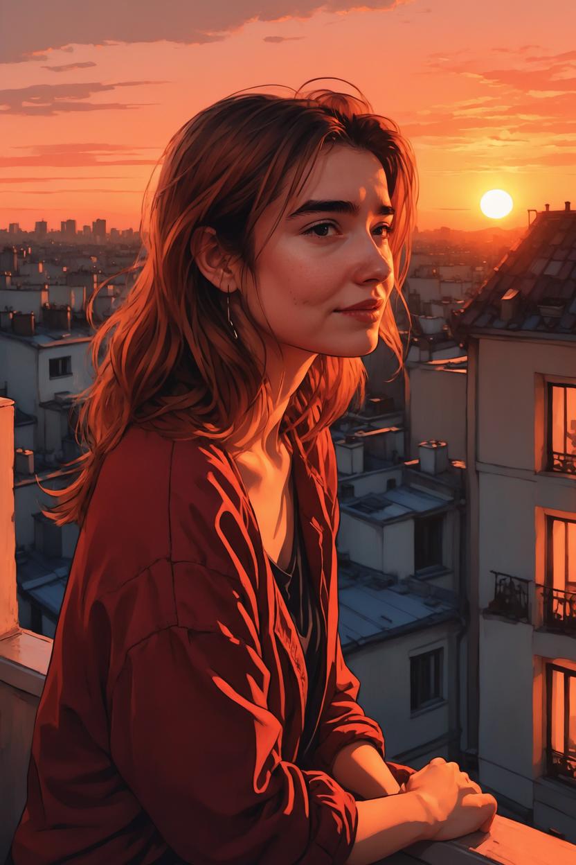 Artificial Intelligence (AI) generated image art, ..., sitting on a balcony looking out at the sunset, alphonse mucha and alena aenami, sitting on a rooftop, stunning art style, watching the sun set. anime, watching sunset, sits on a rooftop, style of charlie bowater, laurie greasley and james jean, red hues, charlie bowater art style, beautiful comic art