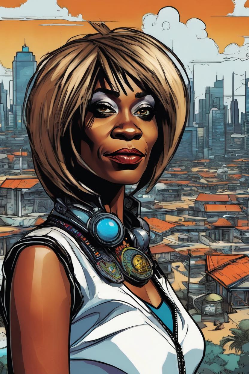 Artificial Intelligence (AI) generated image art, ..., beautiful female, (Jamie Hewlett comic book style), portrait, scifi city landscape, illustration, comics