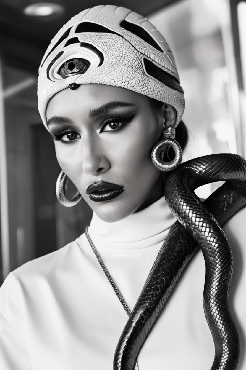 Artificial Intelligence (AI) generated image art, ..., fashion photography of ..., with the head of a snake, wearing futuristic hiphop fashion, inside berghain, futuristic fashion, photo 3 5 mm leica, hyperdetail, 8 k, very detailed, black and white