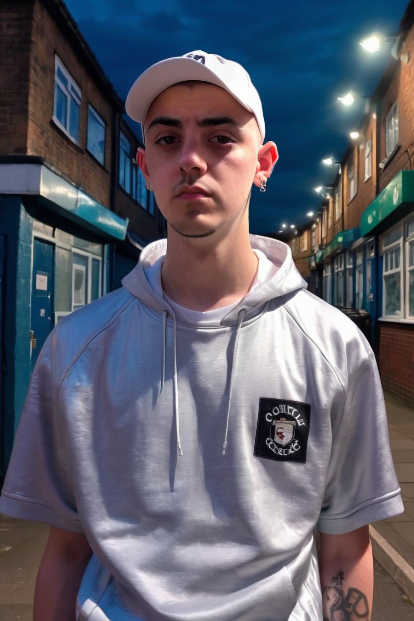 Artificial Intelligence (AI) generated image art, \\\"..., as a chav, younger, 18 years old, tracksuit, shaved head, buzzcut,  baseball cap, background is council estate in England,art by greg rutkowski, highly detailed, photorealistic, sharp focus, 8k, cinematic lighting, highly detailed, futuristic glow\\\"