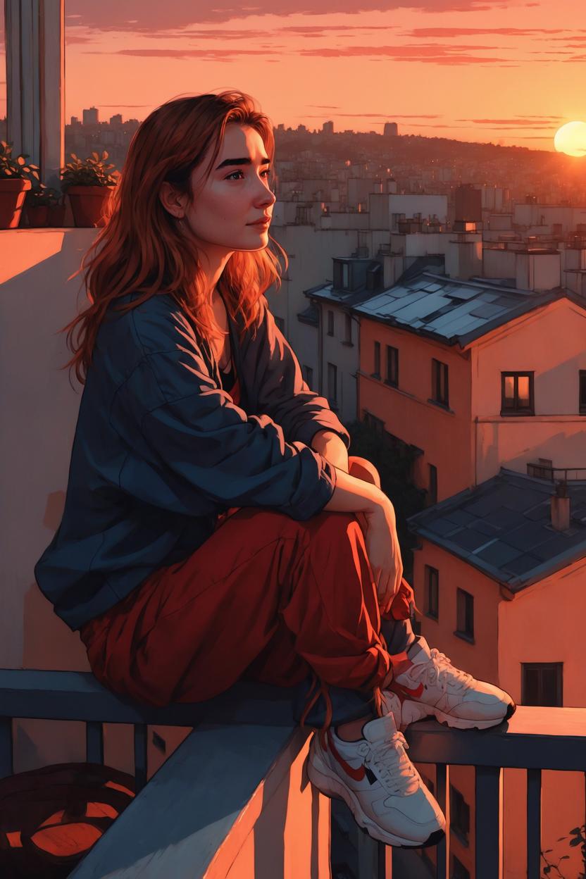 Artificial Intelligence (AI) generated image art, ..., sitting on a balcony looking out at the sunset, alphonse mucha and alena aenami, sitting on a rooftop, stunning art style, watching the sun set. anime, watching sunset, sits on a rooftop, style of charlie bowater, laurie greasley and james jean, red hues, charlie bowater art style, beautiful comic art