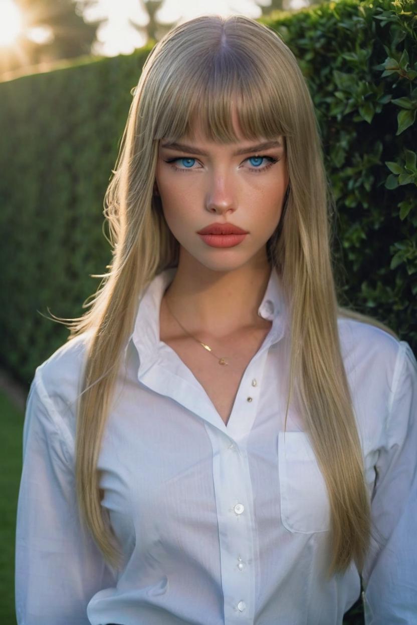 Artificial Intelligence (AI) generated image art, ..., ..., striking blue eyes and full lips, long blonde hair styled away from her face, standing in a formal garden with hedges in the background. She is wearing a classic white button-down shirt, with the sunlight softly highlighting her features, giving her a serene yet confident look. by gaston bussiere, bayard wu, greg rutkowski, giger, maxim verehin