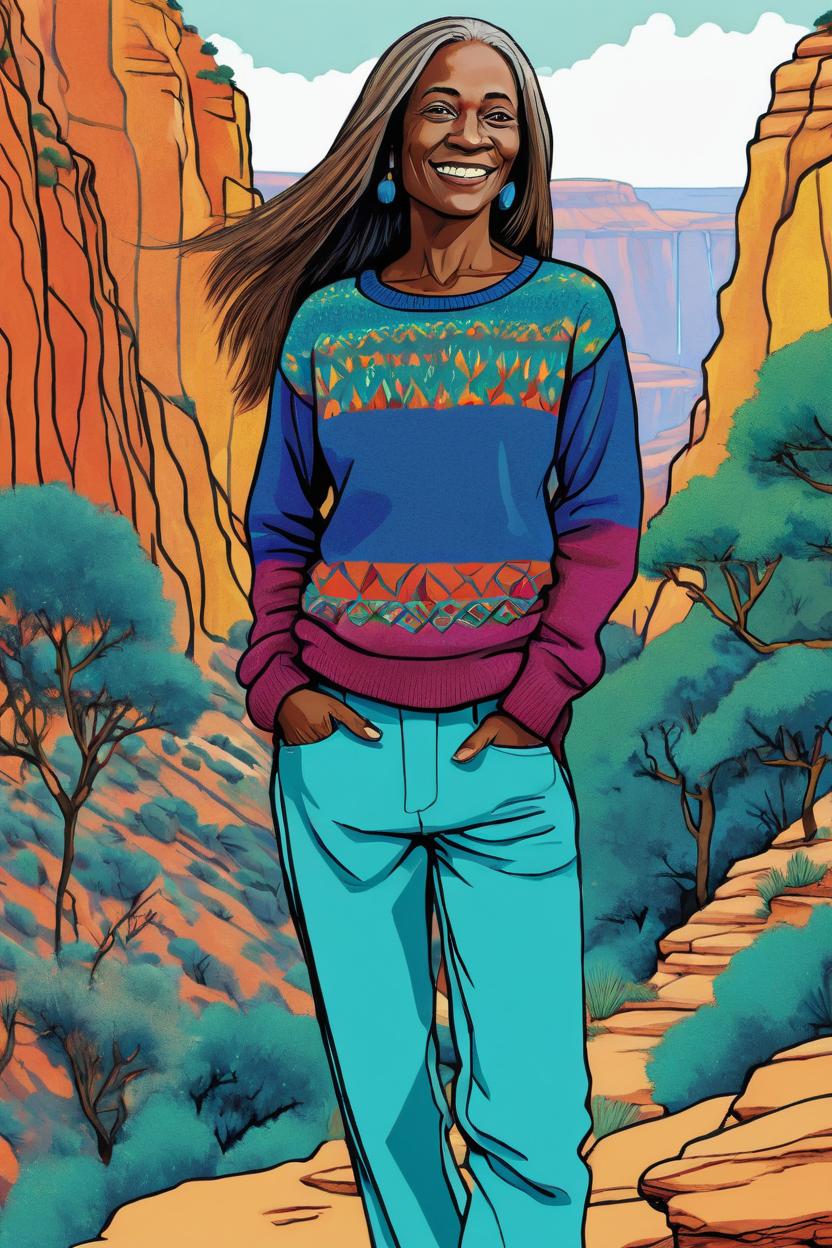 Artificial Intelligence (AI) generated image art, ..., illustration by Rutu Modan, vibrant colors, in a canyon, wearing a sweater, long pants, long hair, naive artwork