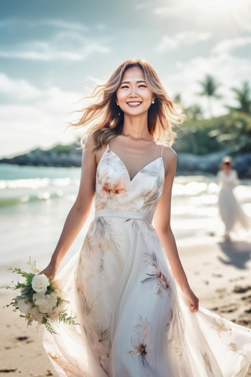 Artificial Intelligence (AI) generated image art, ... as beautiful bride, beachfront wedding, outdoor, ultra detailed illustration, watercolor, light flowy wedding dress, on the beach, motion photography