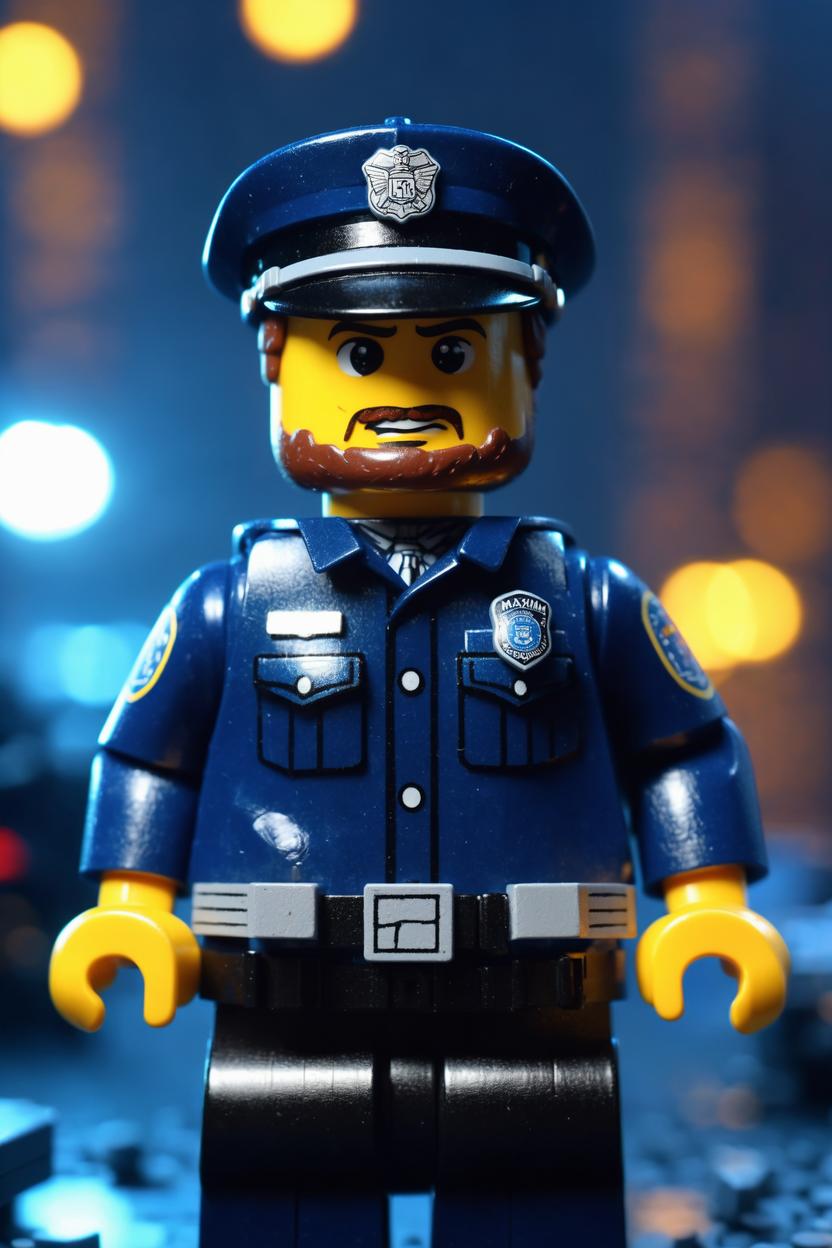 Artificial Intelligence (AI) generated image art, ((...)), as a Lego figurine, as policeman, cinematic beautiful lighting, hyper realistic, 8k, extremely detailed, sharp focus, ... facial features