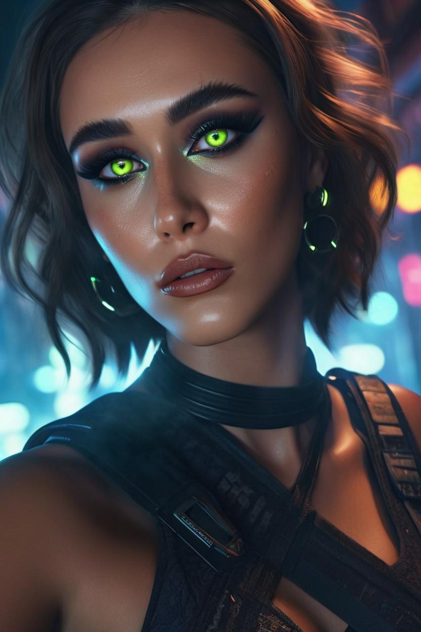 Artificial Intelligence (AI) generated image art, ..., ..., ..., blowing out smoke, looking up at the camera, thick eyeliner, neon lights, Girl, mysterious, highly intricate details, hazel eyes, 3d, cgi, realistic light, trending on cgsociety, glowing eyes, ultra realistic details, pose, portrait, grungy atmosphere, global illumination, shadows, octane render, 8 k,
