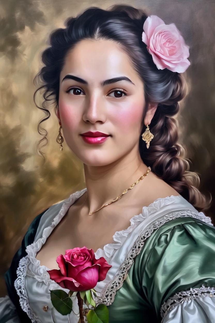 Artificial Intelligence (AI) generated image art, Beautiful woman ..., baroque style portrait, oil painting, romantic wearing Versailles style clothing and hair, featuring a rose