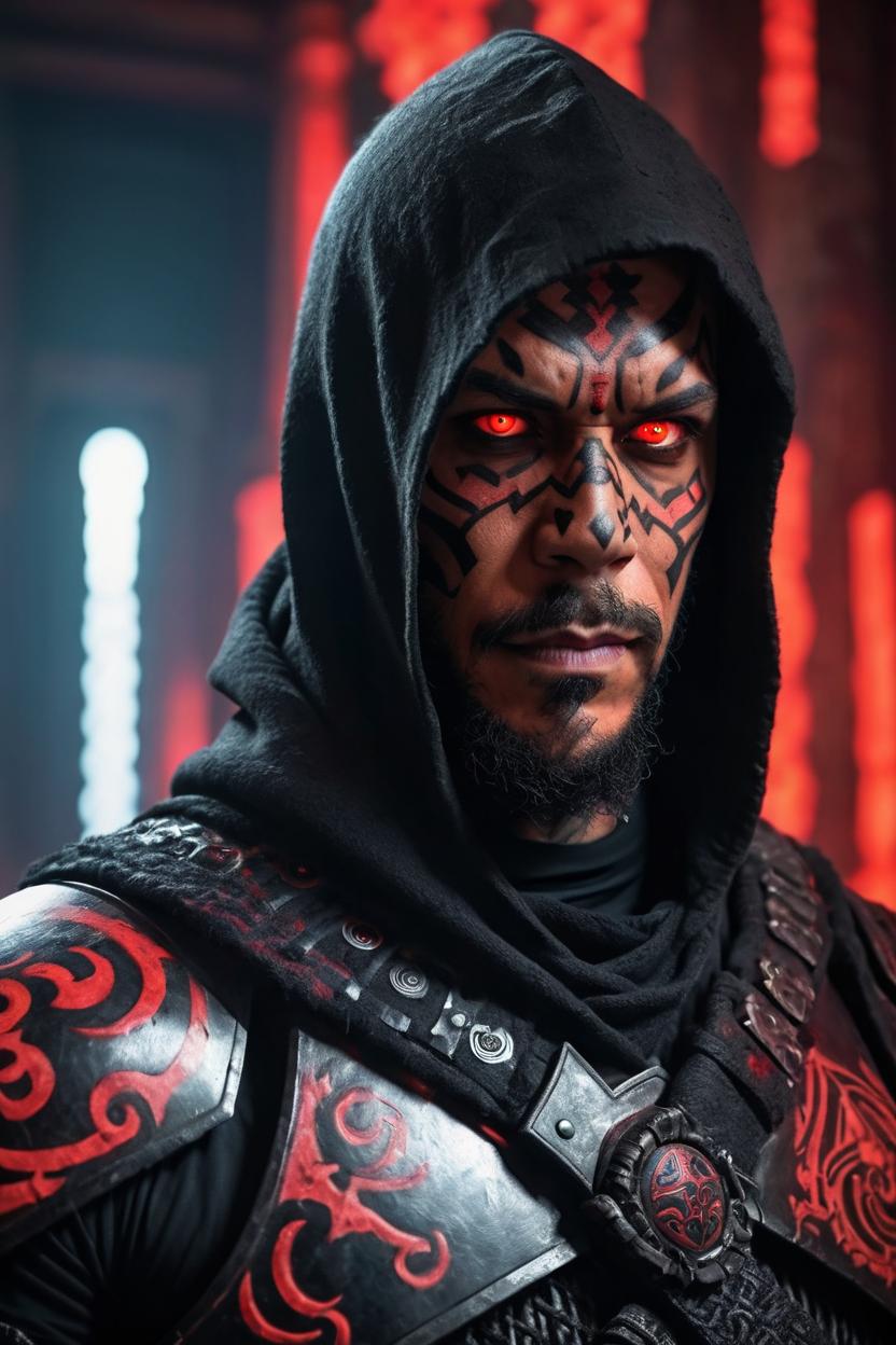 Artificial Intelligence (AI) generated image art, ..., portrait as a Sith Lord in battle armor, mid shot side angle, looking at camera, red glow, (all black inked eyeballs), full face tribal tattoos, hooded, terrifying, in Sith temple, cinematic lighting, dark, sinister,
