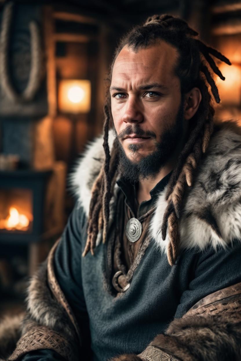 Artificial Intelligence (AI) generated image art, ..., portrait, viking, dreadlocks, dressed in wolf fur, mid shot angle, looking at camera, cinematic lighting, moody, action, dashing, in a traditional viking longhouse, on a throne, in style of Vikings