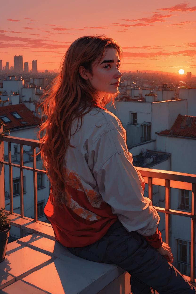 Artificial Intelligence (AI) generated image art, ..., sitting on a balcony looking out at the sunset, alphonse mucha and alena aenami, sitting on a rooftop, stunning art style, watching the sun set. anime, watching sunset, sits on a rooftop, style of charlie bowater, laurie greasley and james jean, red hues, charlie bowater art style, beautiful comic art