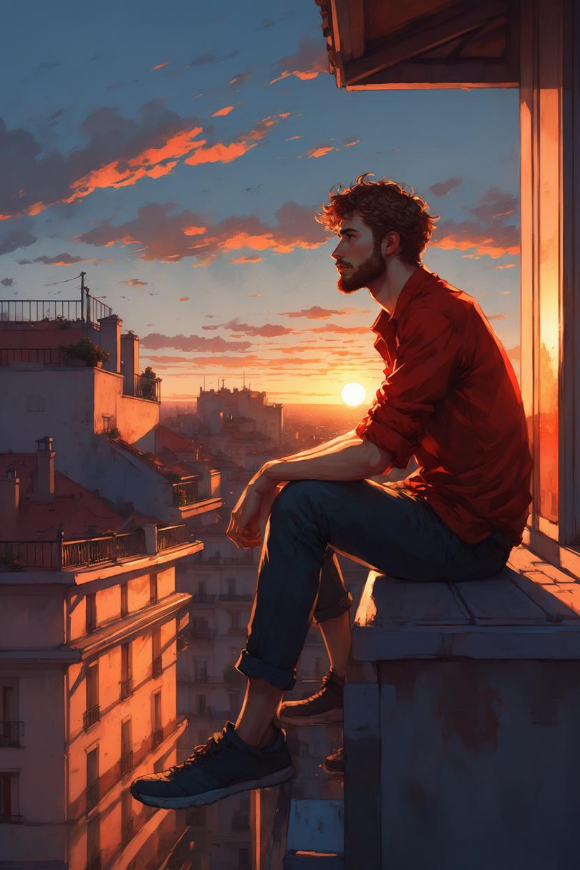 Artificial Intelligence (AI) generated image art, ..., sitting on a balcony looking out at the sunset, alphonse mucha and alena aenami, sitting on a rooftop, stunning art style, watching the sun set. anime, watching sunset, sits on a rooftop, style of charlie bowater, laurie greasley and james jean, red hues, charlie bowater art style, beautiful comic art