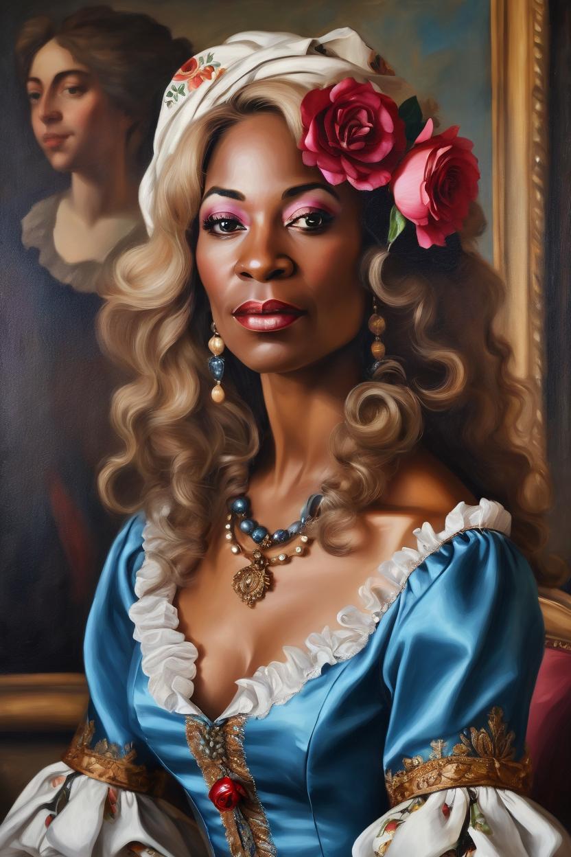 Artificial Intelligence (AI) generated image art, Beautiful woman ..., baroque style portrait, oil painting, romantic wearing Versailles style clothing and hair, low neckline, featuring a rose