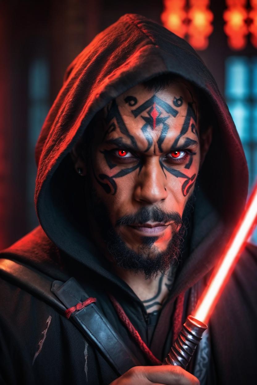 Artificial Intelligence (AI) generated image art, ..., portrait as a Sith Lord, mid shot side angle, looking at camera, full tribal face tattoos, hooded, moody, terrifying, (demonic serpent eyes), holding large fiery red light saber, in Sith temple, cinematic lighting, dark, sinister,