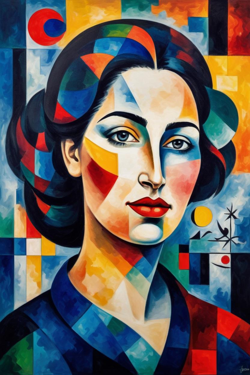 Artificial Intelligence (AI) generated image art, ..., a captivating portrait of a woman in a Post-Impressionistic style that incorporates elements of Cubism, capturing the vibrant personality and rich emotional depth of the subject. The image pays homage to the works of Joan Miro and Pablo Picasso, utilizing a striking color palette and unique geometric forms